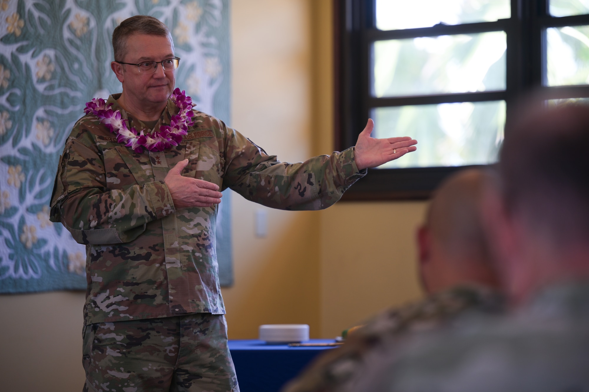 Maj. Gen. Randall Kitchens, U.S. Air Force Chief of Chaplains, speaks to Airmen at Joint Base Pearl Harbor-Hickam, Hawaii, April 23, 2024. Kitchens discussed the significance and history of the chaplain corp and it’s separation from the Army Air Corp in 1949. (U.S. Air Force photo by Staff Sgt. Alan Ricker)