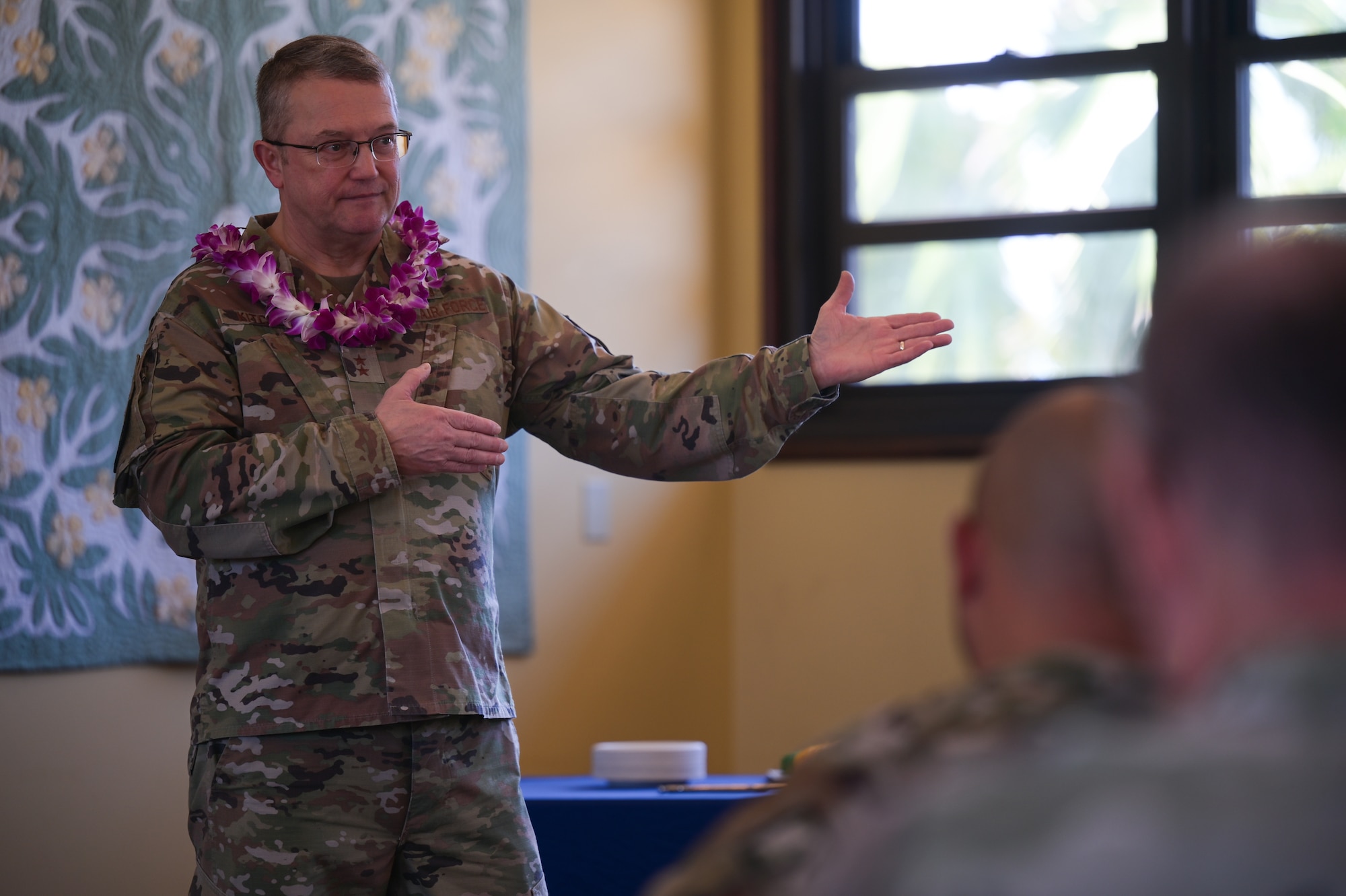 Chaplain speaks to Airmen at Joint Base Pearl Harbor-Hickam.