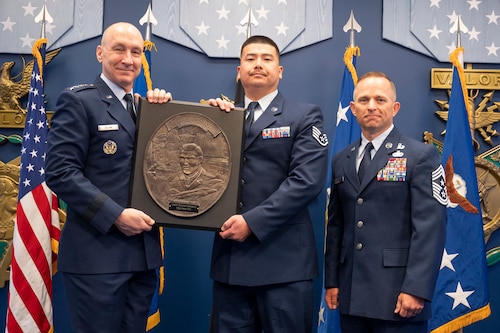 Air Force Chief of Staff Gen. David Allvin presents the Lance P. Sijan Leadership Award in the Pentagon Hall of Heroes in Arlington, Va., April 8, 2024, for exceptional leadership qualities, embodying the fundamental values of the U.S. Air Force. (U.S. Air Force photo by Tech. Sgt. William A. O’Brien)