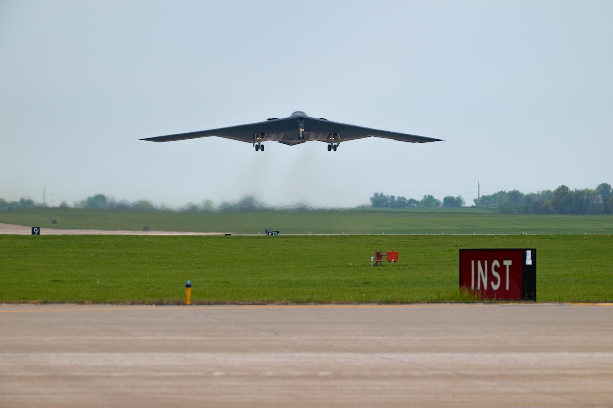 A B-2 Spirit stealth bomber assigned to the 509th Bomb Wing takes off at Whiteman Air Force Base, Mo., April 15, 2024. Team Whiteman executed a mass fly-over of 12 B-2 Spirit stealth bombers to cap off the annual Spirit Vigilance exercise.