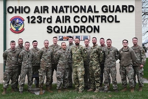Airmen assigned to the 123rd Air Control Squadron pose for a portrait alongside service members from Lithuania and Hungary during a joint training exercise March 22, 2024, in Blue Ash, Ohio. The training included air battle management, ground control intercept, large-force employment and air-to-air combat beyond visual range.