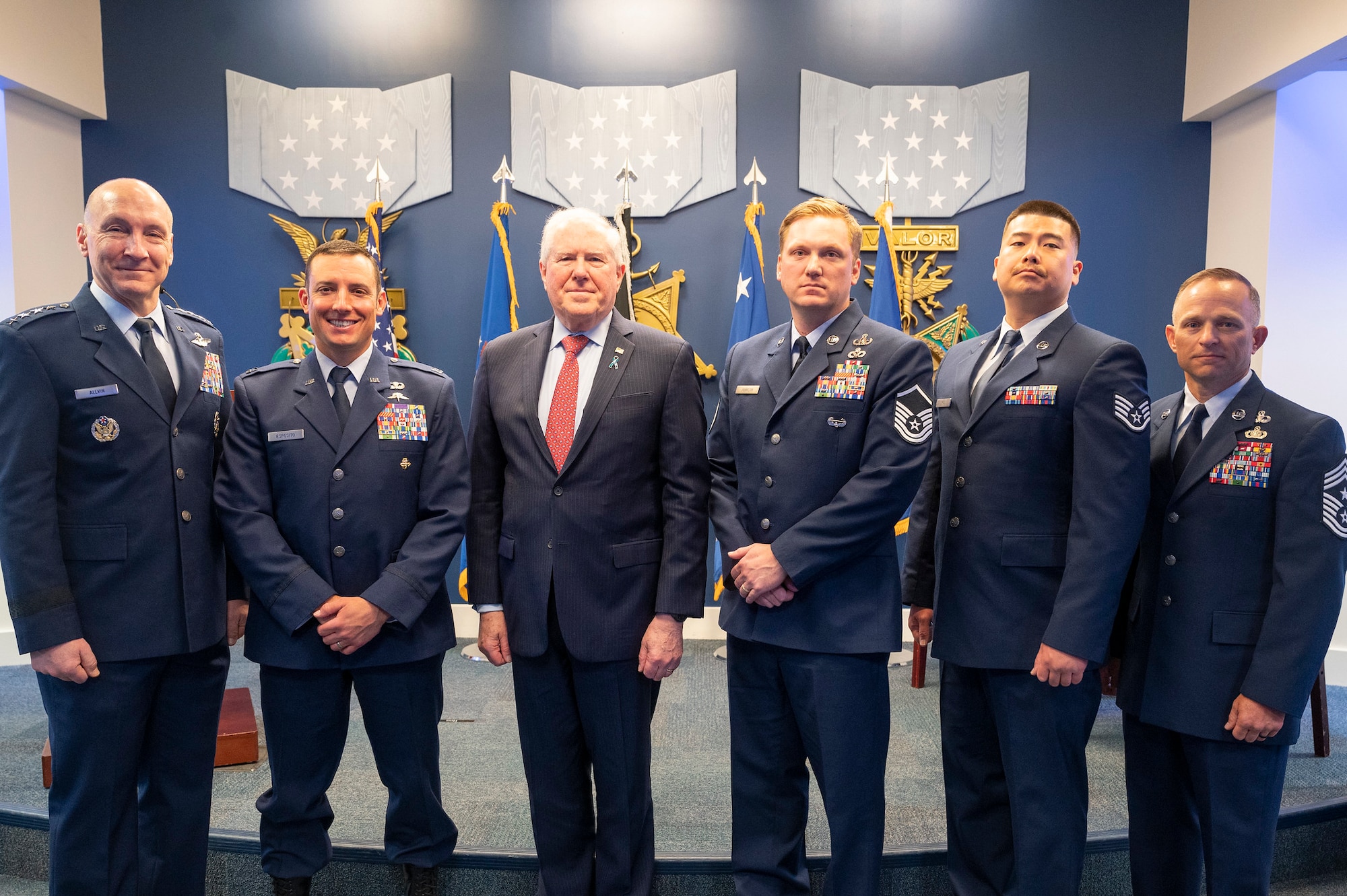 U.S. Air Force Capt. Marc D. Esposito, Master Sgt. Thomas R. Johnson, and Staff Sgt. Amos Kim receive the Lance P. Sijan Leadership Award from Secretary of the Air Force Frank Kendall and Air Force Chief of Staff Gen. David Allvin in the Pentagon's Hall of Heroes in Arlington, Va., April 8, 2024, for exceptional leadership qualities, embodying the fundamental values of the U.S. Air Force. (U.S. Air Force photo by Tech. Sgt. William A. O’Brien)