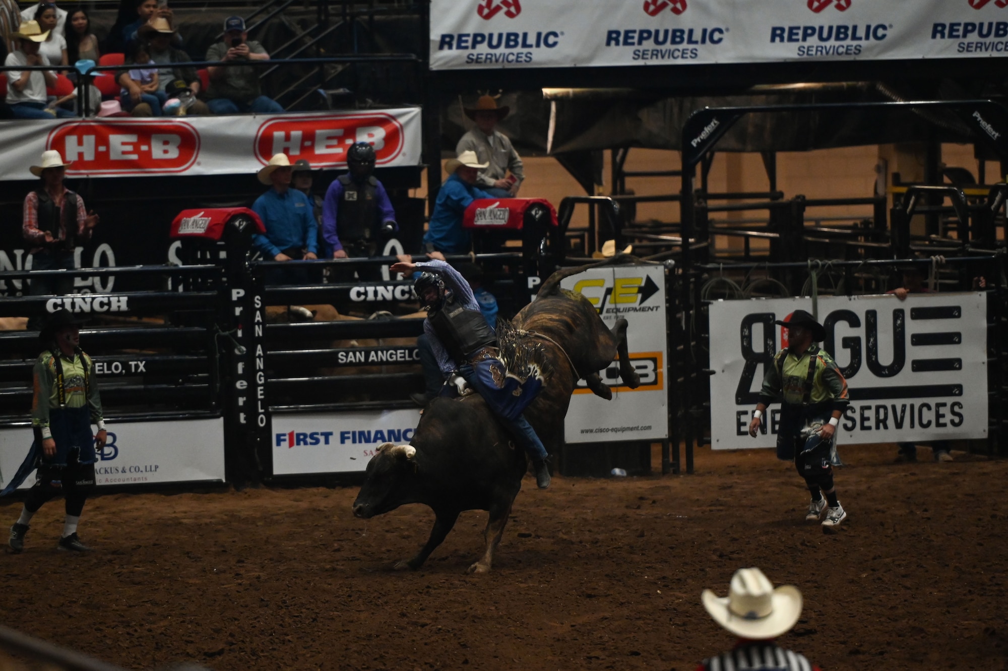 Brody Yeary, a bull rider from Morgan Mill, Texas, rides the bull, Ranger Walker, during Military Appreciation Night at the San Angelo Stock Show & Rodeo at the Foster Communications Coliseum in San Angelo, Texas, April 17, 2024. Yeary rode Ranger Walker for over 8 seconds and finished the night with a score of 84. (U.S. Air Force photo by Airman 1st Class Brian Lummus)