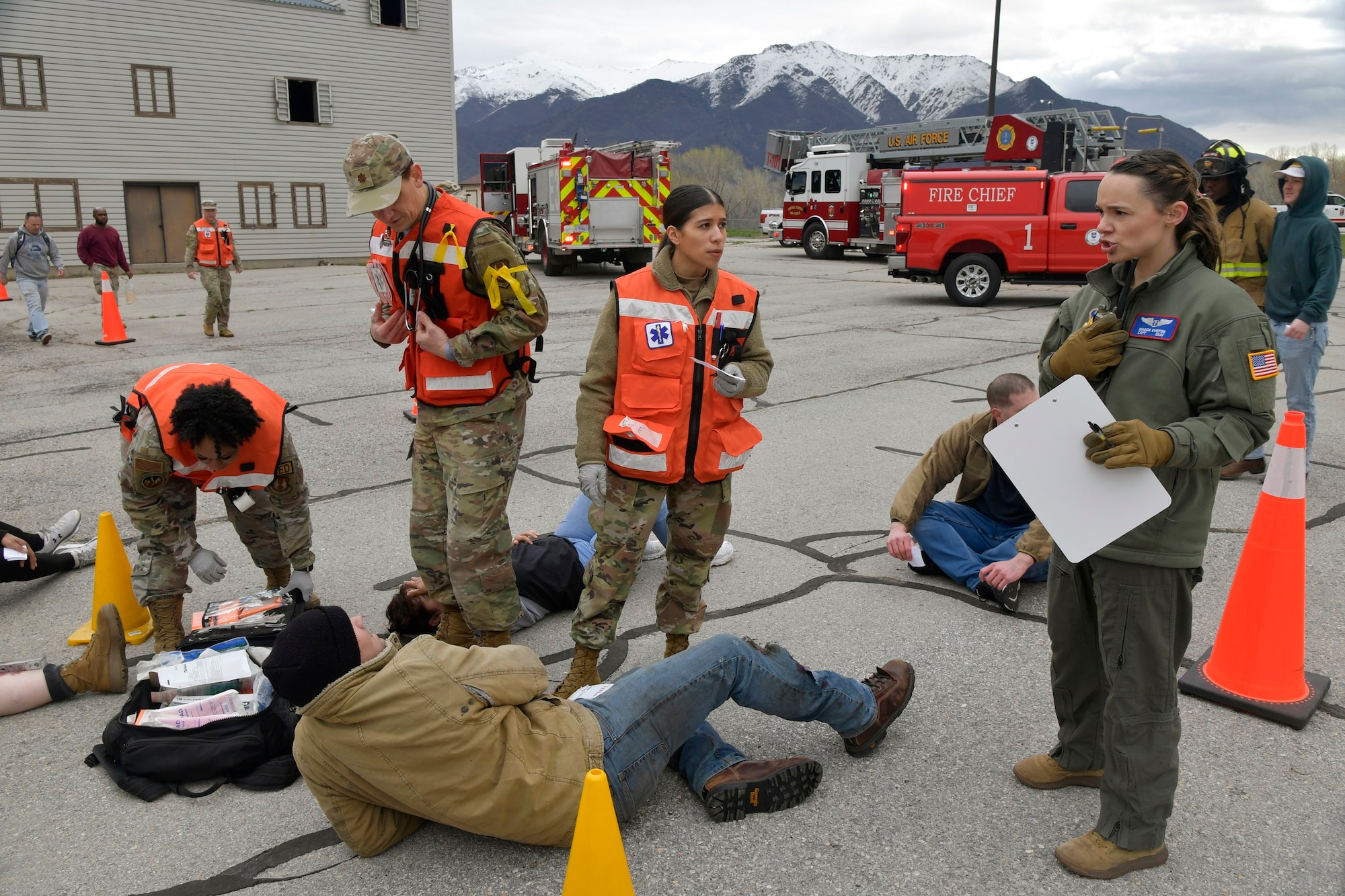 Members of various Hill Air Force Base units teamed with community responders April 17 for a joint mass casualty exercise. The exercise simulated a performing aircraft crashing into a group onlookers, causing the demand of patients to exceed resources and capabilities. The aim of the exercise was to maximize training for responders, test and evaluate emergency functions and response, and enhance readiness, integration, and response skills.