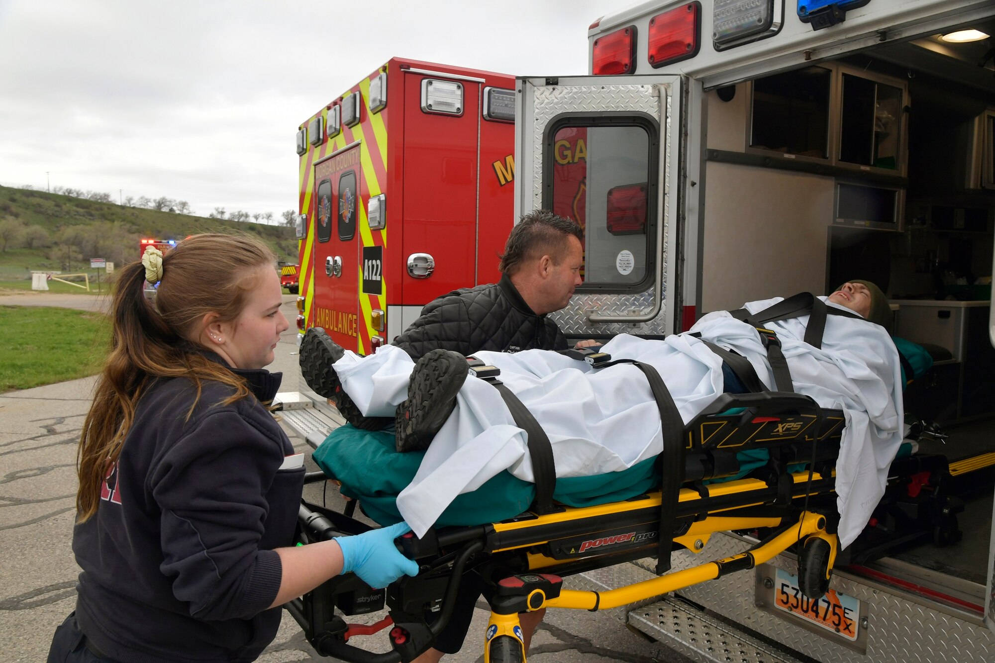 Members of various Hill Air Force Base units teamed with community responders April 17 for a joint mass casualty exercise. The exercise simulated a performing aircraft crashing into a group onlookers, causing the demand of patients to exceed resources and capabilities. The aim of the exercise was to maximize training for responders, test and evaluate emergency functions and response, and enhance readiness, integration, and response skills.