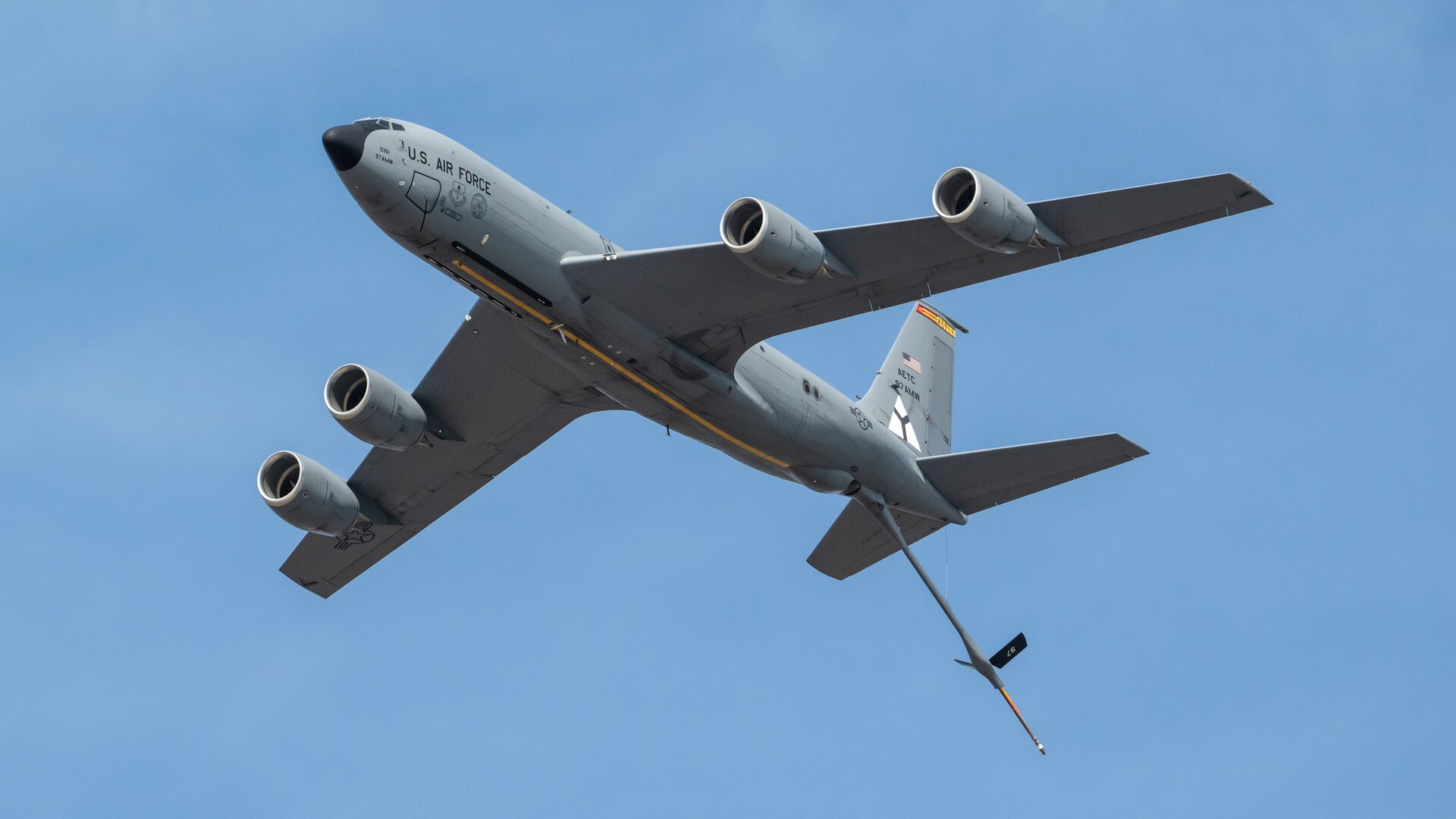 A KC-135 Stratotanker from the 97th Airlift Wing at Altus Air Force Base, Okla., performs an aerial demonstration during the Thunder Over Louisville air show in Louisville, Ky., April 20, 2024. This year’s event featured more than two-dozen military and civilian planes, including the Kentucky Air National Guard’s C130J Super Hercules. (U.S. Air National Guard photo by Dale Greer)