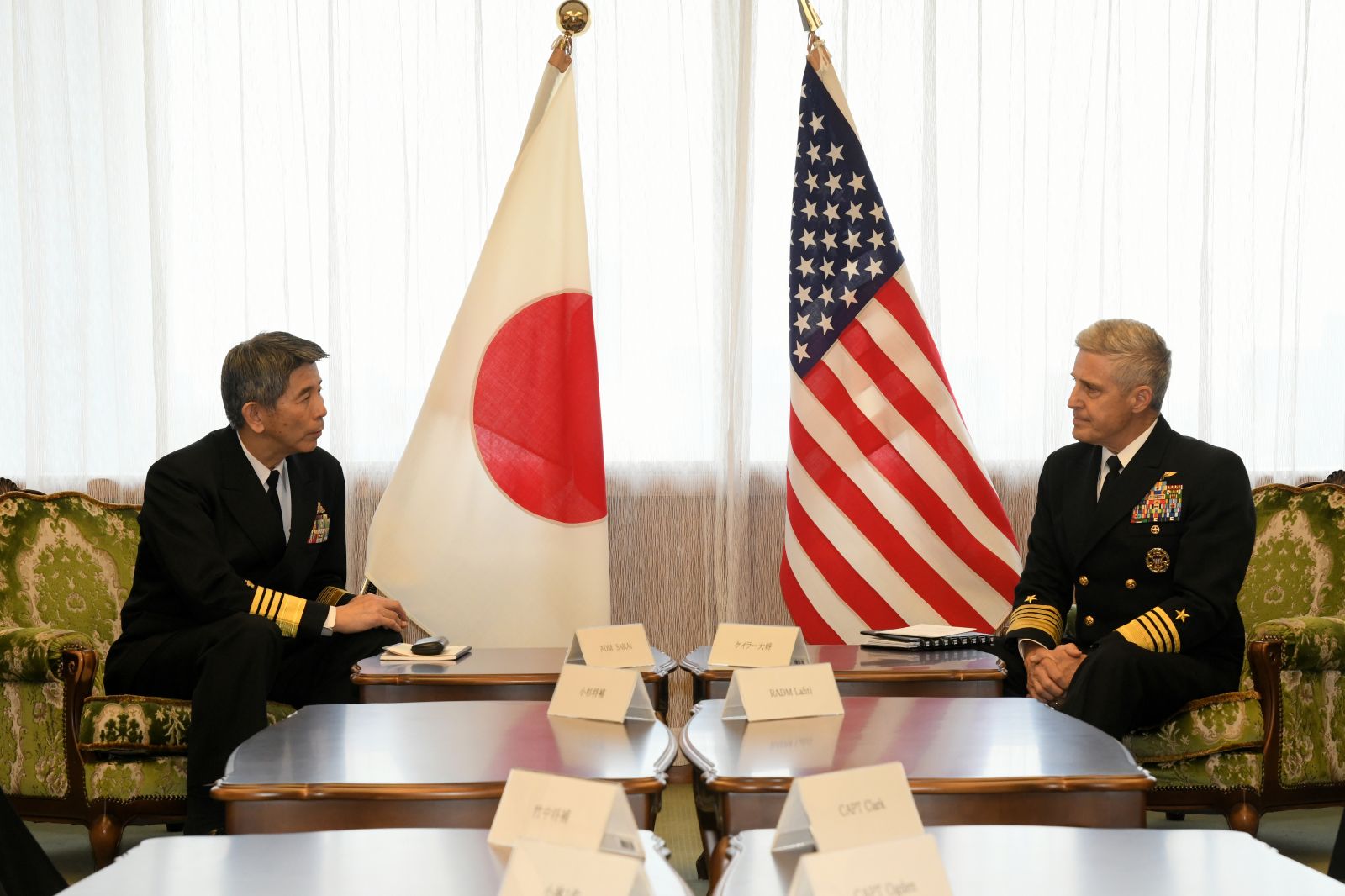Adm. Stephen Koehler, commander, U.S. Pacific Fleet, right, meets with Adm. Ryo Sakai, chief of staff of the Japan Maritime Self-Defense Force, in Tokyo, April 15, 2024. Koehler met with Sakai to discuss the increasing security challenges in the Indo-Pacific and reaffirmed the U.S. Japan alliance as the cornerstone of peace, security, and prosperity in the Indo-Pacific. (Photo Courtesy of U.S. Navy)