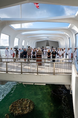 Service members and National Park Service employees attend the memorial ceremony in honor of the last survivor from battleship USS Arizona (BB-39), Louis Al. (Lou) Conter, on April 23, 2024. Retired Lt. Cmdr. Conter first enlisted in 1939, and he served more than 27 years in the U.S. Navy, including as a pilot during the Korean War. Conter passed away April 1 at the age of 102, and he devoted much of his life to preserving the memory of the 2,403 Americans killed and 1,178 wounded during the attack on Pearl Harbor. (U.S. Navy photo by Chief Mass Communication Specialist Shannon M. Smith)