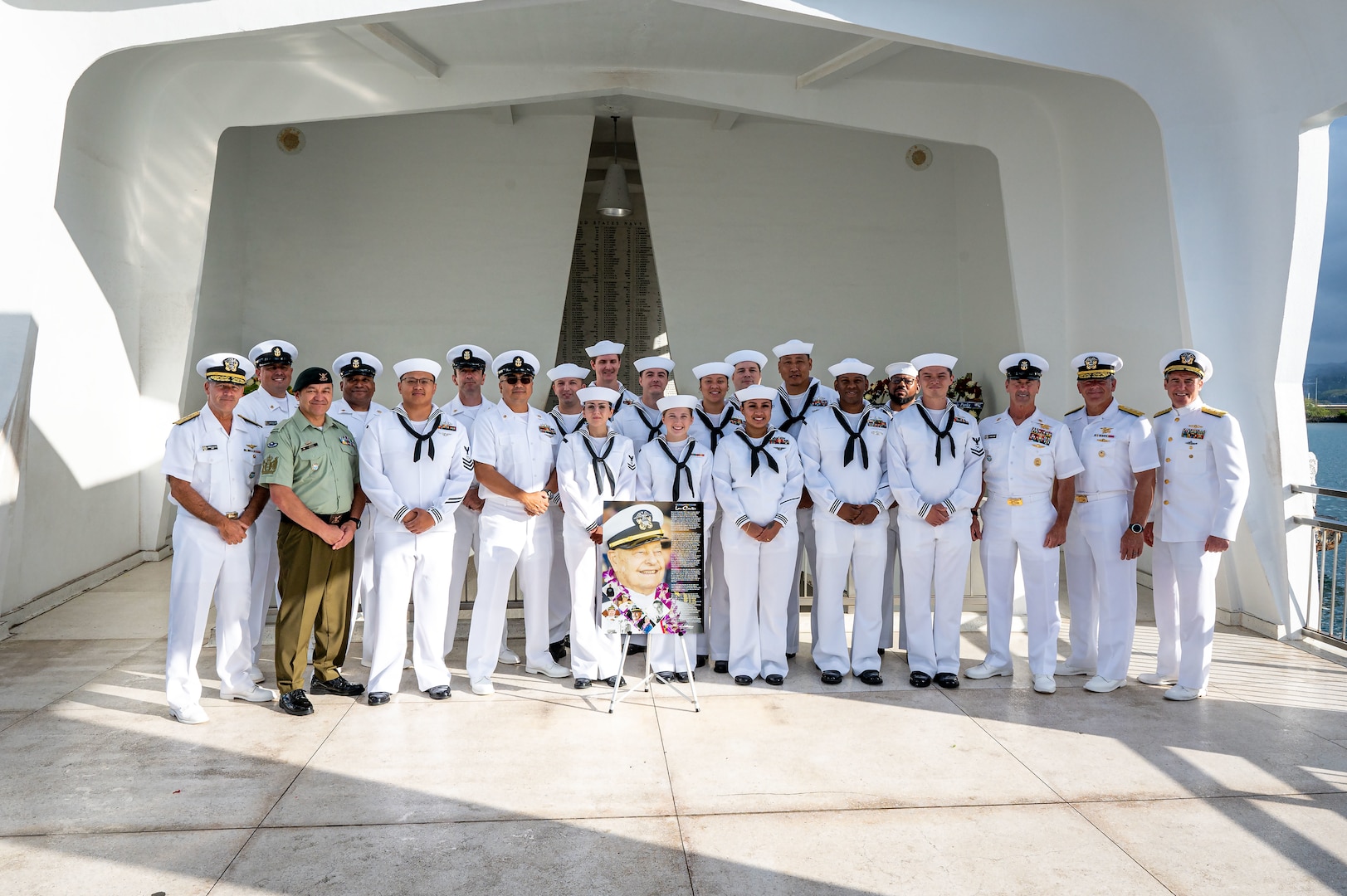 Adm. John C. Aquilino, commander of U.S. Indo-Pacific Command, (left) joins service members after the memorial ceremony in honor of the last survivor from battleship USS Arizona (BB-39), Louis Al. (Lou) Conter, on April 23, 2024. Retired Lt. Cmdr. Conter first enlisted in 1939, and he served more than 27 years in the U.S. Navy, including as a pilot during the Korean War. Conter passed away April 1 at the age of 102, and he devoted much of his life to preserving the memory of the 2,403 Americans killed and 1,178 wounded during the attack on Pearl Harbor. (U.S. Navy photo by Chief Mass Communication Specialist Shannon M. Smith)