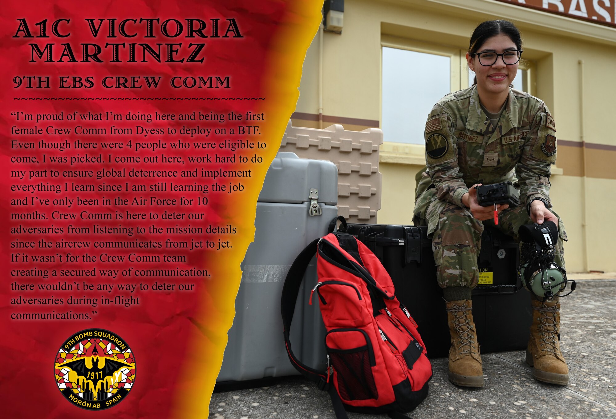 Graphic of Airman 1st Class Victoria Martinez, 9th Expeditionary Bomb Squadron crew comm technician, showcasing the importance of women in the military and how they contribute to the Bomber Task Force 24-2 mission at Morón Air Base, Spain. (U.S. Air Force graphic by Staff Sgt. Holly Cook)