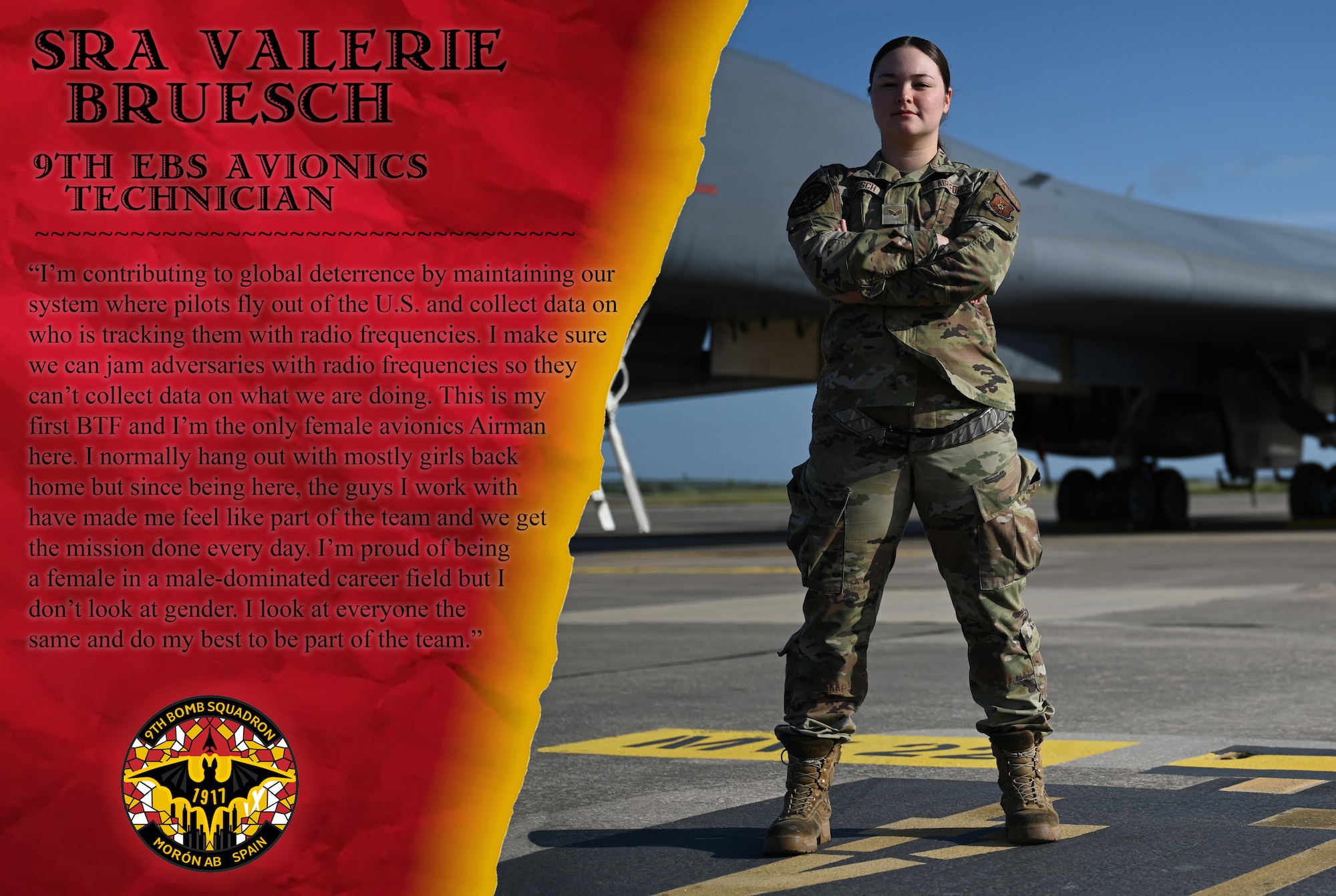 Graphic of Senior Airman Valerie Bruesch, 9th Expeditionary Bomb Squadron avionics technician, showcasing the importance of women in the military and how they contribute to the Bomber Task Force 24-2 mission at Morón Air Base, Spain. (U.S. Air Force graphic by Staff Sgt. Holly Cook)