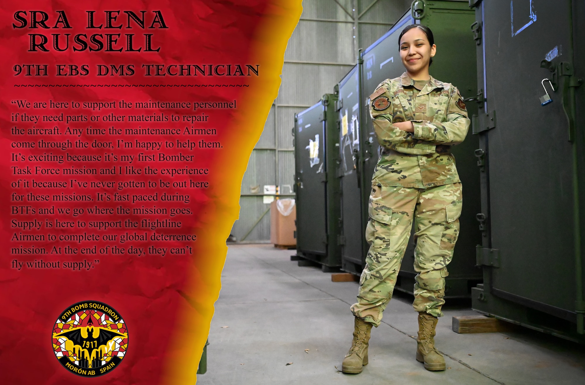 Graphic of Senior Airman Lena Russell, 9th Expeditionary Bomb Squadron decentralized material support technician, showcasing the importance of women in the military and how they contribute to the Bomber Task Force 24-2 mission at Morón Air Base, Spain. (U.S. Air Force graphic by Staff Sgt. Holly Cook)
