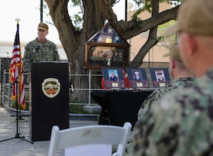 Vice Adm. George Wikoff, commander of U.S. Naval Forces Central Command, U.S. 5th Fleet and Combined Maritime Forces, speaks during the USS Firebolt (PC10) memorial ceremony onboard Naval Support Activity Bahrain, April 24.