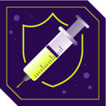 Syringe with a shield in the background, surrounded by viruses