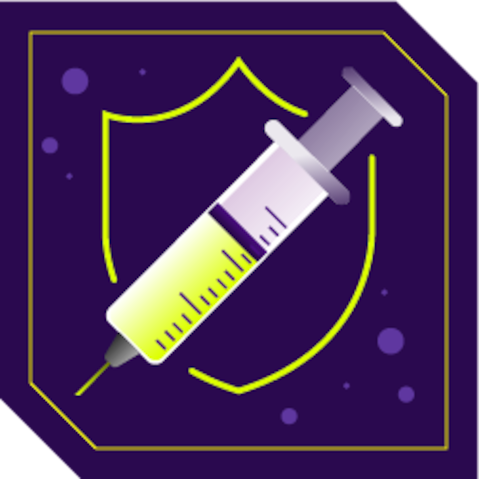 Syringe with a shield in the background, surrounded by viruses