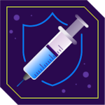Syringe with a shield in the background, surrounded by viruses