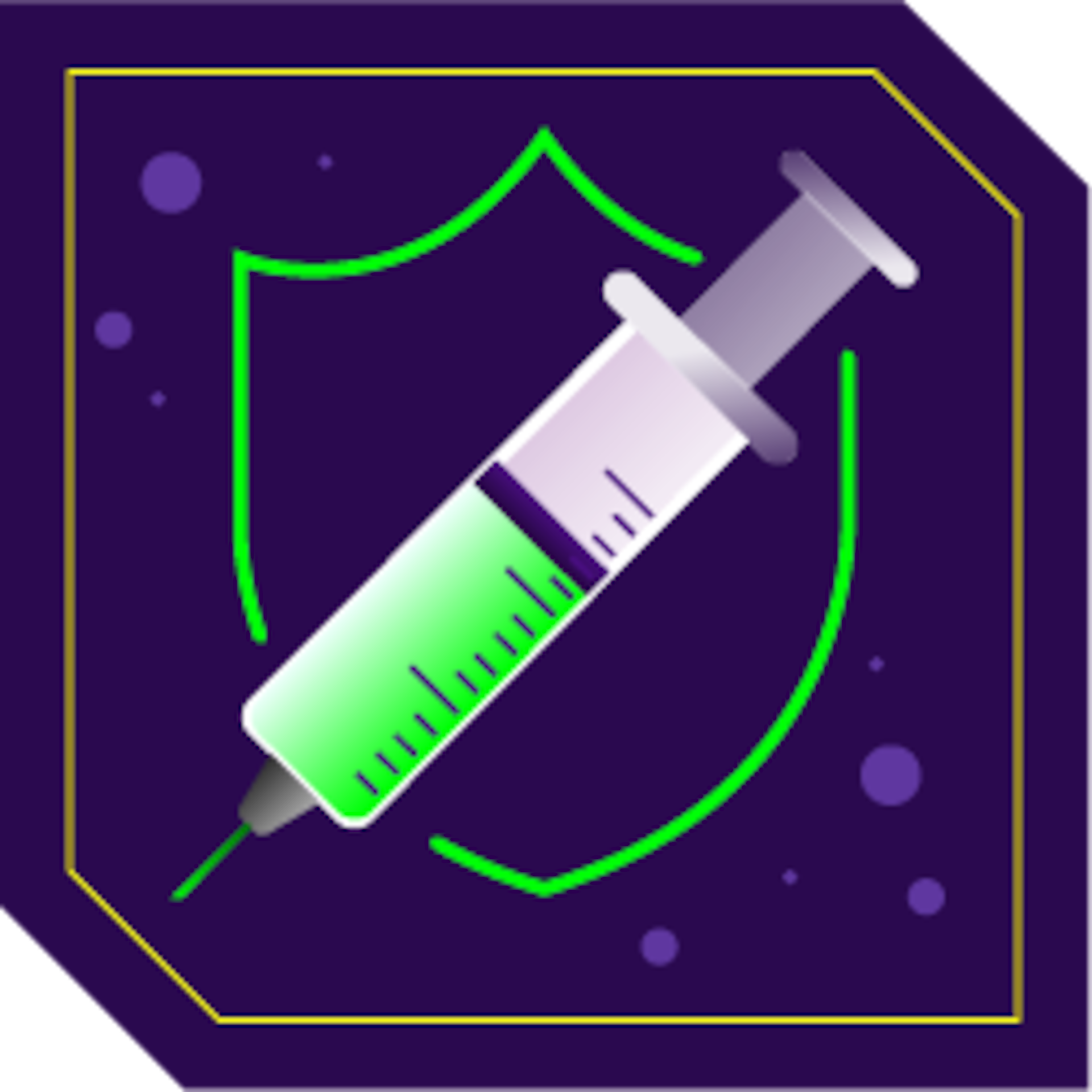 Syringe with a shield in the background, surrounded by viruses