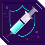 Syringe with a shield in the background, surrounded by viruses