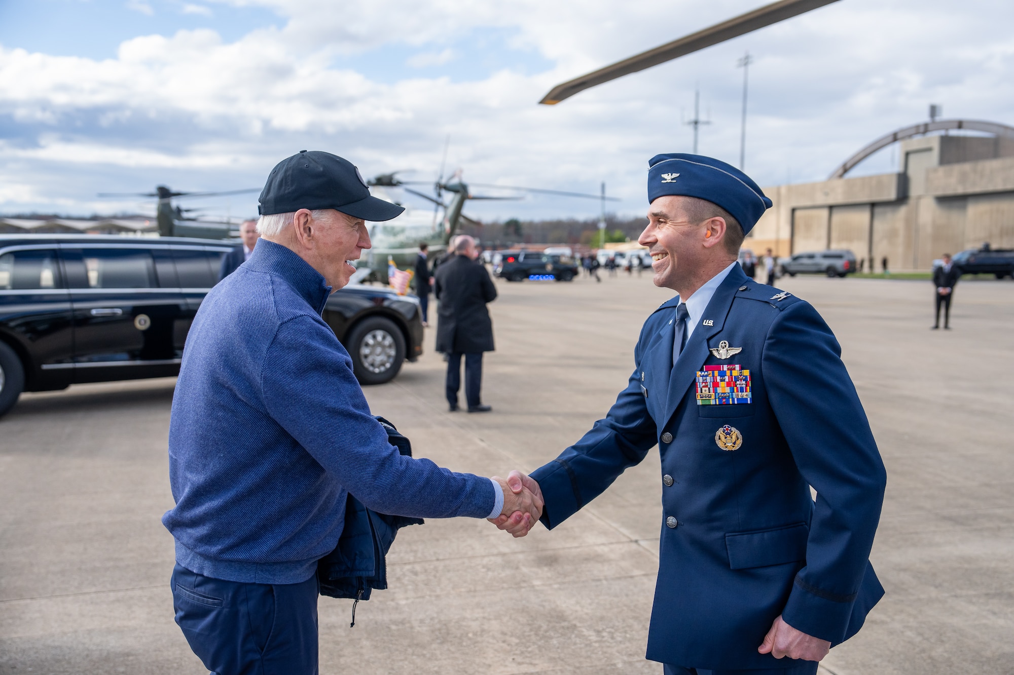Col. Richard Hunt, commander of the 175th Wing, Maryland Air National Guard, greets President Joe Biden as he arrives at Martin State Airport and boards Marine One en route to Delaware Air National Guard Base,  April 5, 2024, Martin State Air National Guard Base, Middle River, Maryland.
