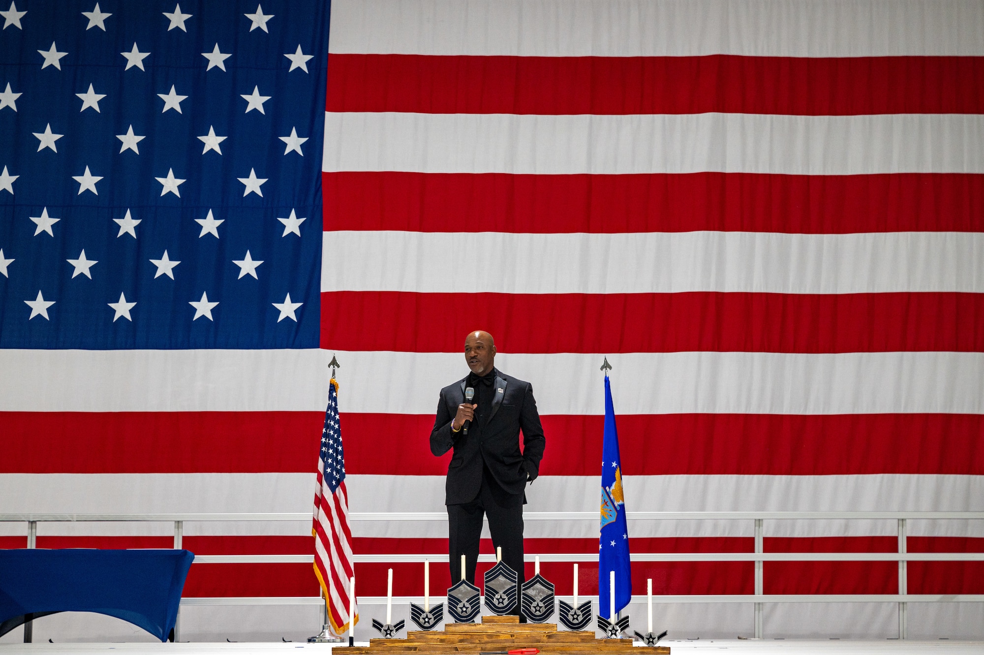 Retired Chief Master Sgt. of the Air Force Kaleth Wright delivers a speech during the chief master sergeant recognition ceremony at Nellis Air Force Base, Nevada, April 20, 2024.
