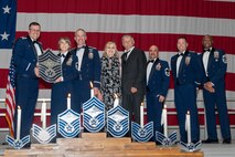 U.S. Air Force Senior Master Sgt. Angela Pate, the 732nd Operations Support Squadron senior enlisted leader, receives a recognition plaque during the chief master sergeant recognition ceremony at Nellis Air Force Base, Nevada, April 20, 2024.