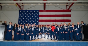 Nellis and Creech Air Force Base’s current and newest chief master sergeants pose for a group photo during the chief master sergeant recognition ceremony at Nellis Air Force Base, Nevada, April 20, 2024.
