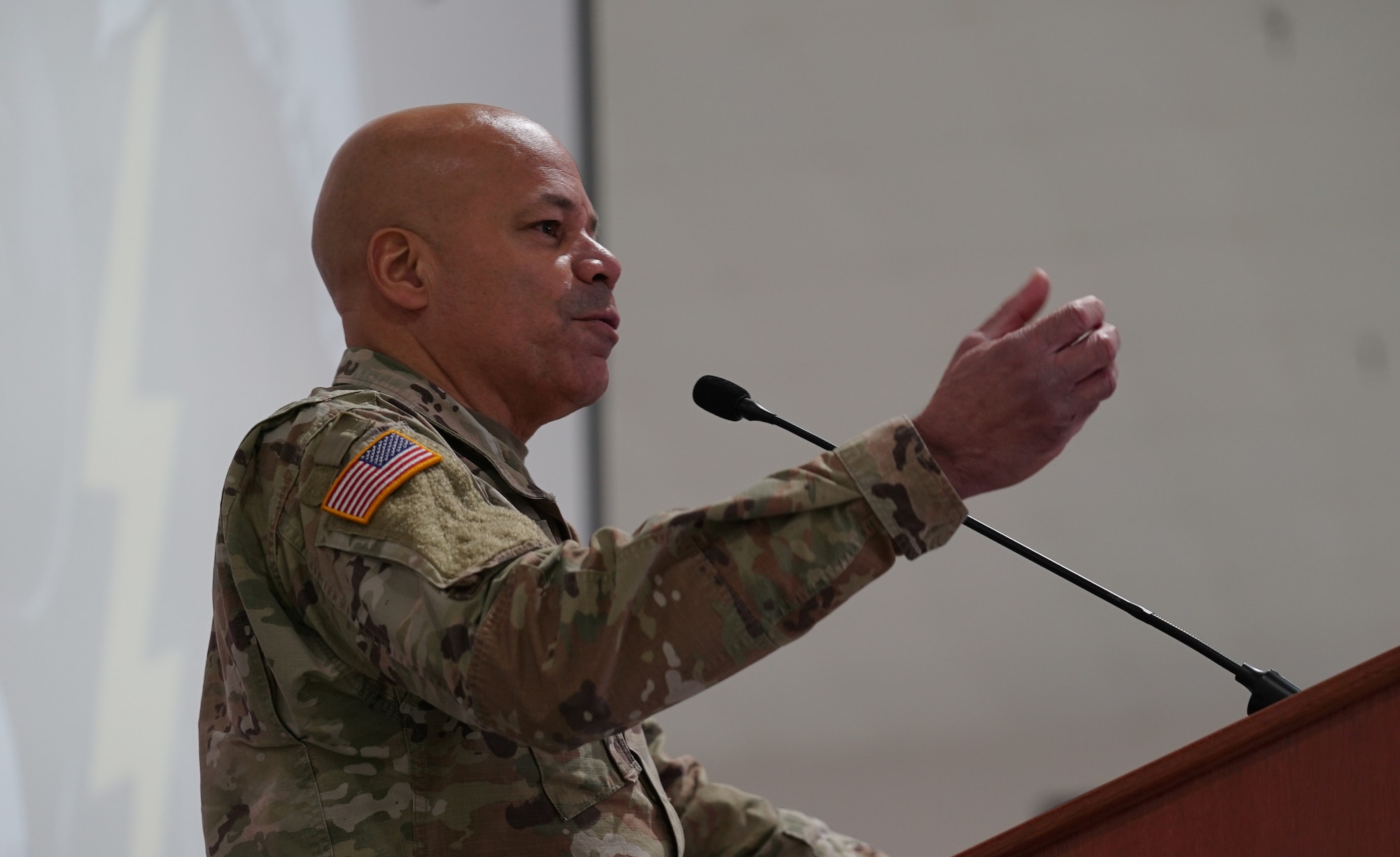 Maj. Gen. John C. Harris Jr., Ohio adjutant general, speaks during an event for local community leaders to learn about the capabilities of the MQ-9 Reaper at Springfield-Beckley Air National Guard Base, Ohio, March 18, 2024. Harris spoke on how the acquisition of the MQ-9 is an example of the Ohio Air National Guard’s continued readiness mission. (U.S. Air National Guard photo by Staff Sgt. Jillian Maynus)