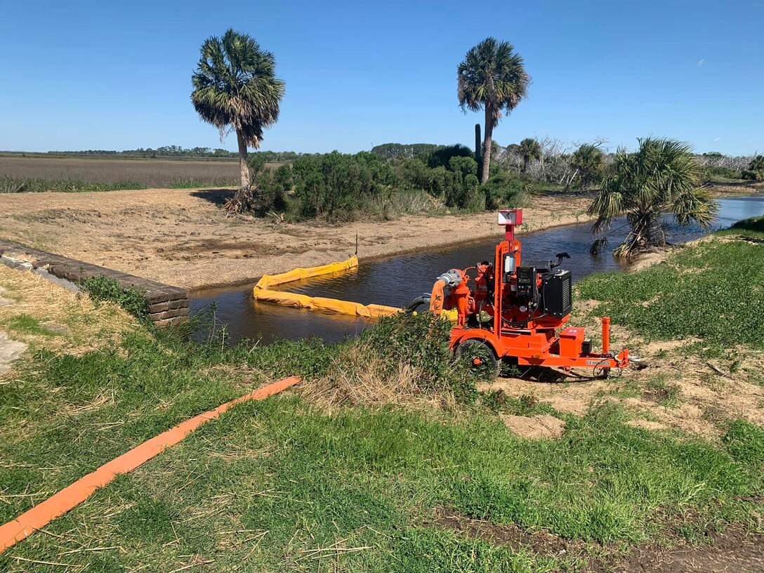 The U.S. Army Corps of Engineers, Savannah District, has removed overgrowth of trees and plants as well as excess sediment from Ditch No. 5, shown here. This ditch is a part of the island’s drainage system designed to efficiently channel excess water away from vulnerable areas, preventing flooding, saltwater intrusion, water stagnation and minimizing soil erosion. This is shown at the culvert end before it enters the South Channel.
