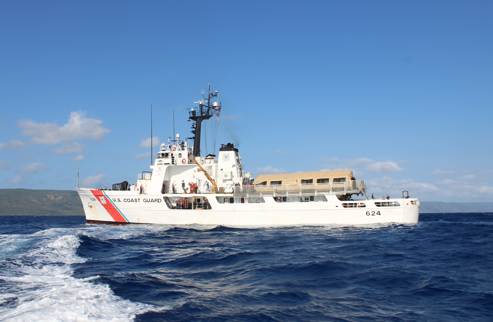 U.S. Coast Guard Cutter Dauntless (WMEC 624) and crew patrol, March 4, 2024, off the coast of Haiti. Dauntless deployed for two months to support Operation Vigilant Sentry while conducting maritime safety and security missions. (U.S. Coast Guard photo by Lt.j.g. Olivia Gonzalez)