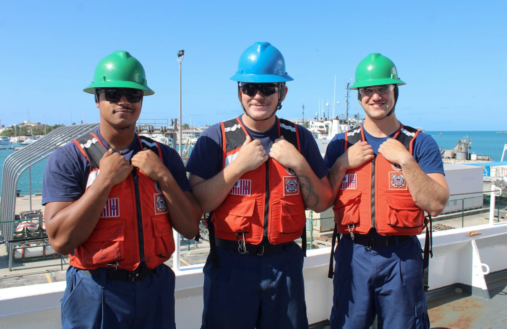 Crew members assigned to U.S. Coast Guard Cutter Dauntless (WMEC 624) pose for a photo, April 21, 2024, in Key West, Florida. Dauntless deployed for two months to support Operation Vigilant Sentry while conducting maritime safety and security missions. (U.S. Coast Guard photo by Lt.j.g. Olivia Gonzalez)