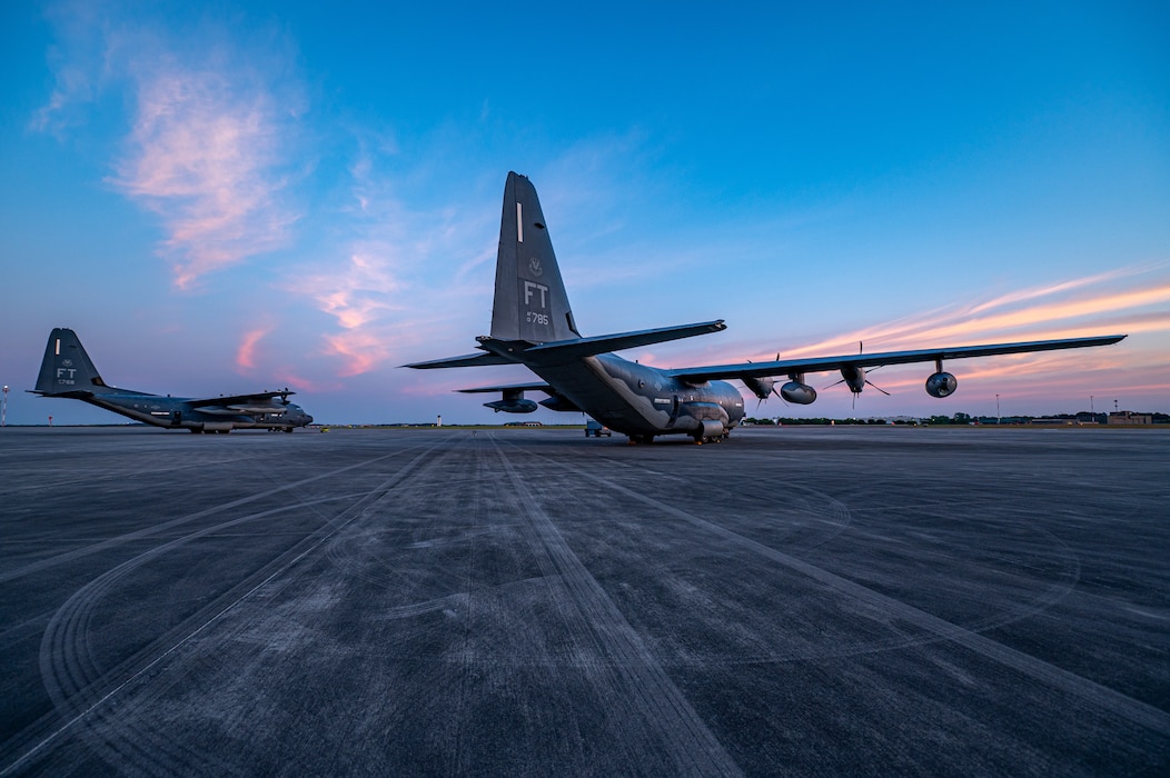 HC-130J Combat King II aircraft assigned to the 71st Rescue Squadron sit on the flight line for Exercise Ready Tiger 24-1 at Savannah Air National Guard Base in Savannah, Georgia, April 16, 2024. The 71st RQS provided airlift and combat search and rescue capabilities for the exercise. During Ready Tiger 24-1, exercise inspectors will assess the 23rd Wing's proficiency in employing decentralized command and control to fulfill air tasking orders across geographically dispersed areas amid communication challenges, integrating Agile Combat Employment principles such as integrated combat turns, forward aerial refueling points, multi-capable Airmen, and combat search and rescue capabilities. (U.S. Air Force photo by Senior Airman Courtney Sebastianelli)
