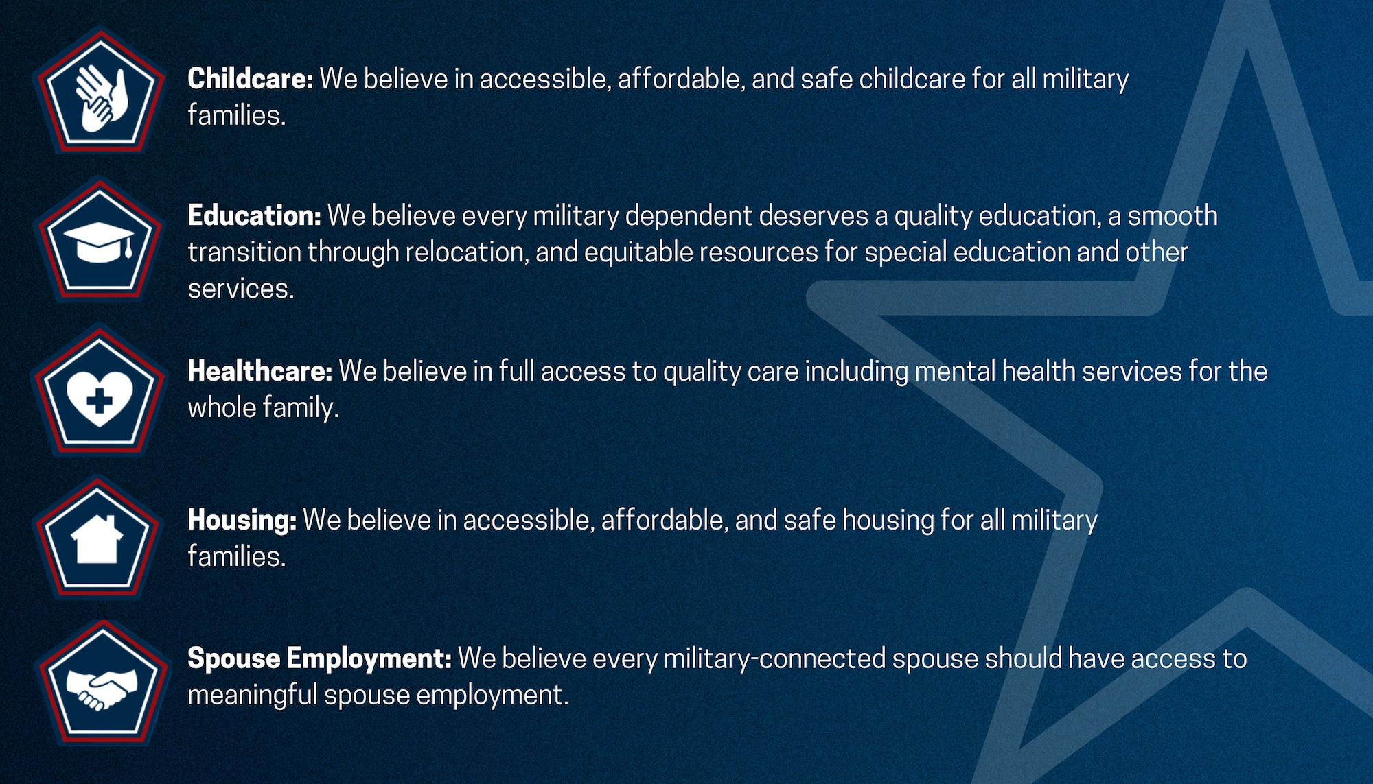 A list and description of the top five quality-of-life issues - childcare, education, healthcare, housing, and spouse employment – faced by military families.