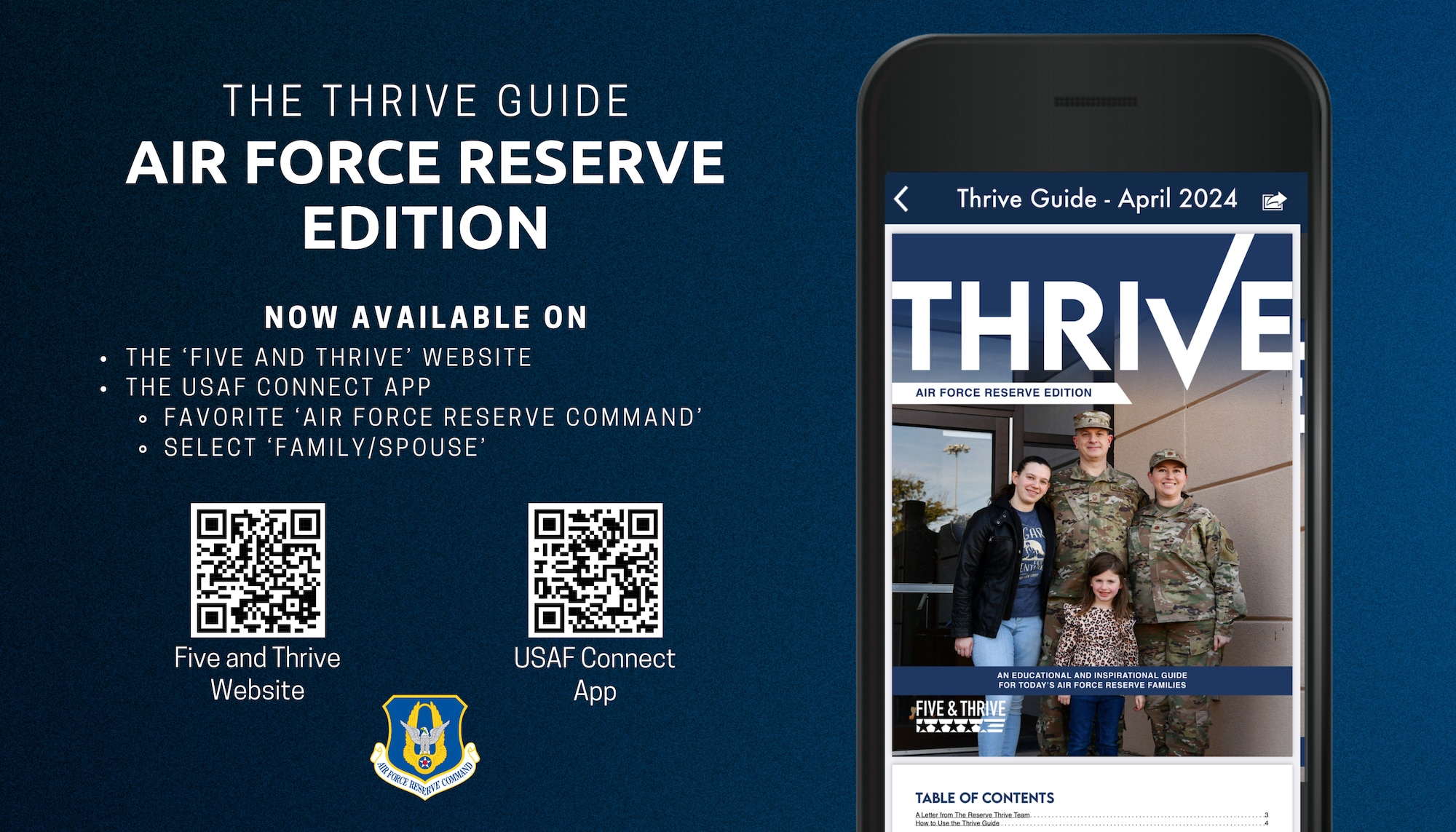 Graphic with QR codes that will direct to the Air Force Reserve Edition of the Thrive Guide on either the Thrive and Five website or the USAF Connect App.