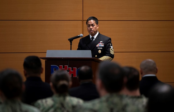 Rear Adm. Darin K. Via, Surgeon General of the Navy, and Force Master Chief PatrickPaul Mangaran, Director of the Hospital Corps recognize Navy Medicine's 2023 Sailor of the Year candidates during a ceremony at Bureau of Medicine and Surgery headquarters, April 24, 2024.