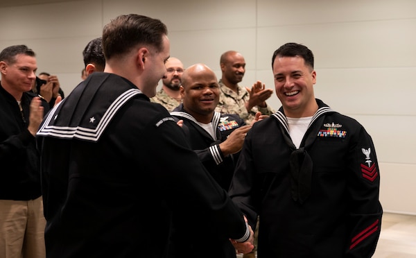 Rear Adm. Darin K. Via, Surgeon General of the Navy, and Force Master Chief PatrickPaul Mangaran, Director of the Hospital Corps recognize Navy Medicine's 2023 Sailor of the Year candidates during a ceremony at Bureau of Medicine and Surgery headquarters, April 24, 2024.