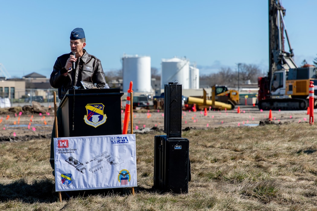 Col. Charles Merkel, commander of the 128th Air Refueling Wing (ARW), General Mitchell Air National Guard Base, , addresses members of the 128th  ARW, U.S. Army Corps of Engineers, Omaha District, and local media during a groundbreaking ceremony for a new Type III Petroleum, Oils and Lubricants facility at General Mitchell Airfield in Milwaukee, Wisconsin.
