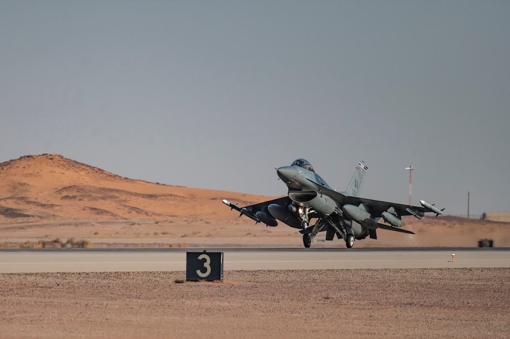 A U.S. Air Force F-16 Fighting Falcon, from Aviano Air Base, Italy, lands at an undisclosed location, U.S. Central Command Area of Responsibility, April 23, 2024. The F-16 is deployed within the region to defend U.S. interests, promote regional security and deter aggression in the region. (U.S. Air Force photo)