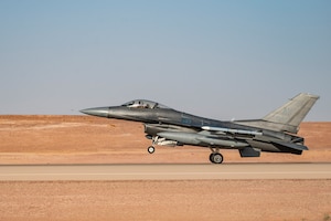 A U.S. Air Force F-16 Fighting Falcon, from Aviano Air Base, Italy, lands at an undisclosed location within the U.S. Central Command area of responsibility, April 23, 2024. The F-16 is deployed within the region to defend U.S. interests, promote regional security and deter aggression in the region. (U.S. Air Force photo)