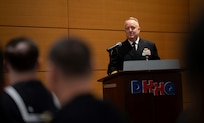 Rear Adm. Darin K. Via, Surgeon General of the Navy, and Force Master Chief PatrickPaul Mangaran, Director of the Hospital Corps recognize Navy Medicine's 2023 Sailor of the Year candidates during a ceremony at Bureau of Medicine and Surgery headquarters, April 24, 2024.