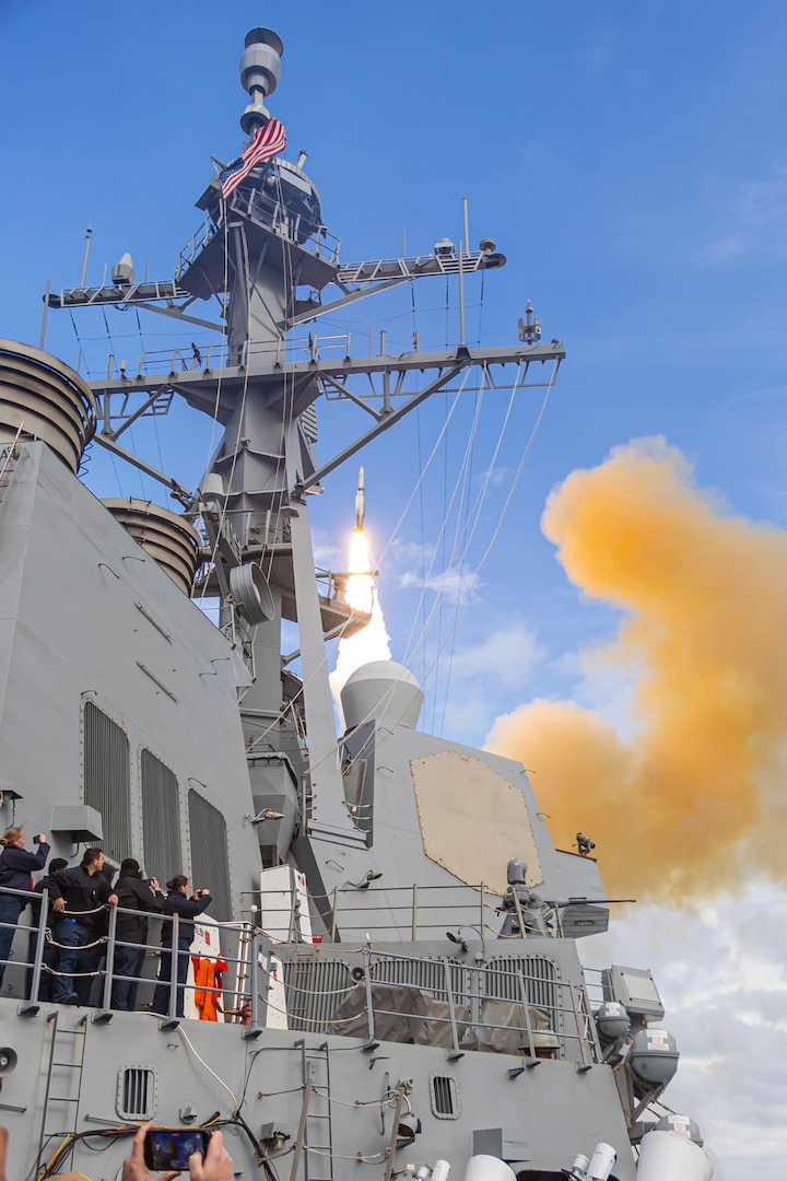 ATLANTIC OCEAN -- Arleigh Burke-class destroyer USS Winston S. Churchill (DDG 81) fires a standard missile (SM-2) during Combat System Ship Qualification Trials (CSSQT) in the Atlantic Ocean on Feb.18, 2024. The crew's successful intercept of an air target with a missile (SM-2) is a first for a ship running a virtualized Aegis Combat System. This milestone, achieved during the ship's final phase of CSSQT, marks a significant contribution to the Navy's wider effort to field a single integrated combat system to surface ships. (U.S. Navy Photo)