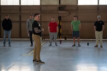 U.S. Air Force Tech. Sgt. Isaac Quintana, 57th  Aircraft Maintenance Squadron integrated resiliency training assistant, shares a fact about himself during an icebreaker exercise for Mindful Maintainer Day at Nellis Air Force Base, Nevada, March 28, 2024.