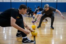 U.S. Air Force Airmen assigned to the 757th Aircraft Maintenance Squadron play dodgeball at Nellis Air Force Base, Nevada, March 28, 2024.