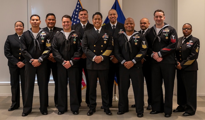 Rear Adm. Darin K. Via, Surgeon General of the Navy, and Force Master Chief PatrickPaul Mangaran, Director of the Hospital Corps recognize Navy Medicine's 2023 Sailor of the Year candidates during a ceremony at Bureau of Medicine and Surgery headquarters, April 24, 2024.