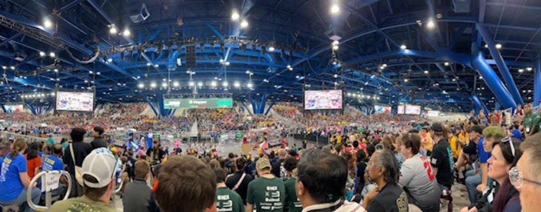 Thousands of spectators watch the For Inspiration and Recognition of Science and Technology, or FIRST, Championship.