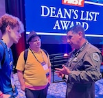Brig. Gen. Christopher Amrhein, Commander of Air Force Recruiting Service, visited and spoke with students at the FIRST Robotics Championship in Houston, Texas on April 19, 2024. FIRST Robotics is an international high school robotics competition held each year in which teams of high school students, coaches, and mentors build game-playing robots which complete tasks such as scoring balls into goals, flying discs into goals, inner tubes onto racks, hanging on bars, and balancing robots on balance beams. (U.S. Air Force photo by Michelle Deleon)