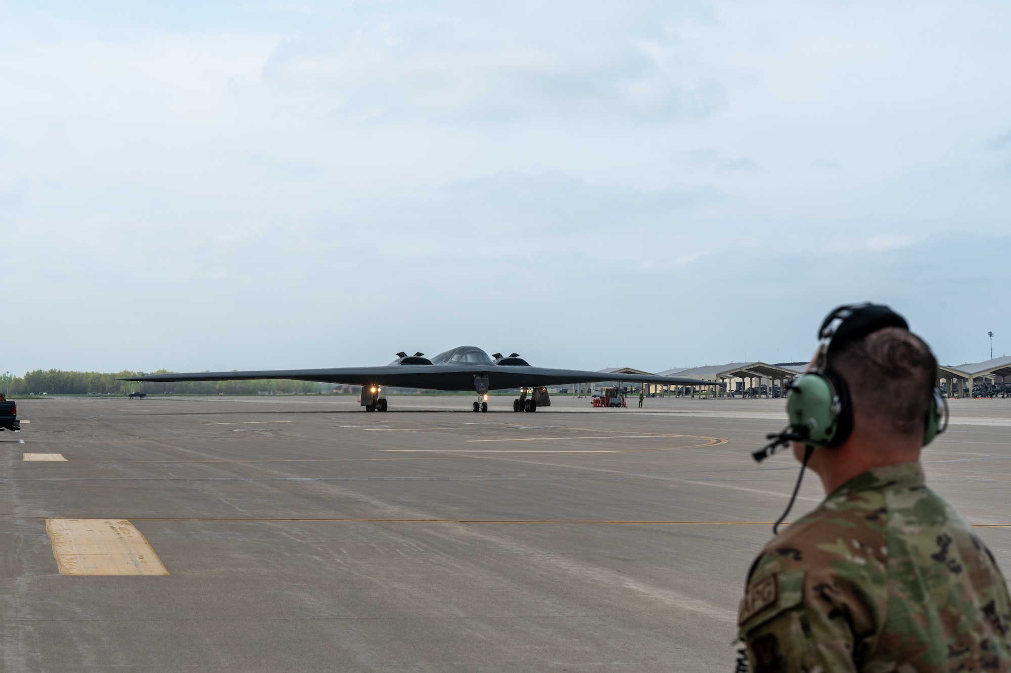 A B-2 Spirit stealth bomber assigned to Whiteman Air Force Base (AFB) taxis to the runway during Exercise Spirit Vigilance, April 15, 2024, at Whiteman AFB, Missouri. Spirit Vigilance is a base-wide exercise performed to demonstrate Whiteman's capability to provide nuclear deterrence and global strike operations anytime, anywhere. (U.S. Air National Guard photo by Airman 1st Class Grace Bynum)