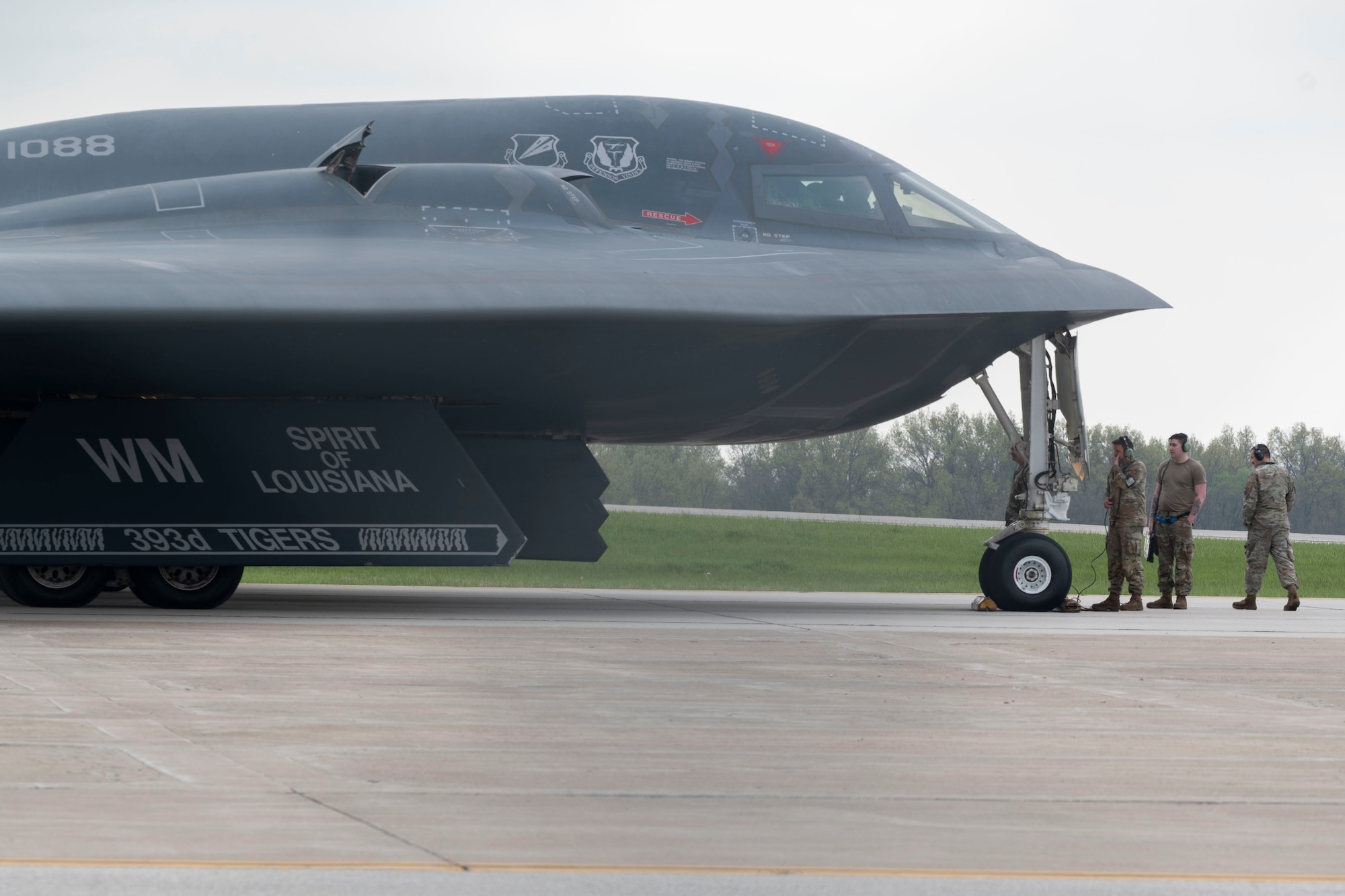 A B-2 Spirit stealth bomber assigned to the 509th Bomb Wing receives maintenance prior to takeoff at Whiteman Air Force Base, Mo., April 15, 2024. Spirit Vigilance is one of a series of routine exercises held by Air Force Global Strike bases across the Air Force that focus on the training and readiness of Airmen. These exercises are regularly planned and are conducted to continuously evaluate and enhance U.S. deterrence capabilities. (U.S. Air Force photo by Tech. Sgt. Anthony Hetlage)