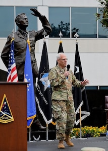 U.S. Space Force Lt. Gen. Philip Garrant, commander of Space Systems Command, addresses personnel at Los Angeles Air Force Base on Thursday, April 18, 2024 in El Segundo, Calif., as part of a day-long event celebrating the command and its mix of uniformed, civilian and contractor staff. (Space Systems Command Photo)
