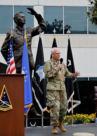 U.S. Space Force Lt. Gen. Philip Garrant, commander of Space Systems Command, addresses personnel at Los Angeles Air Force Base on Thursday, April 18, 2024 in El Segundo, Calif., as part of a day-long event celebrating the command and its mix of uniformed, civilian and contractor staff. (Space Systems Command Photo)