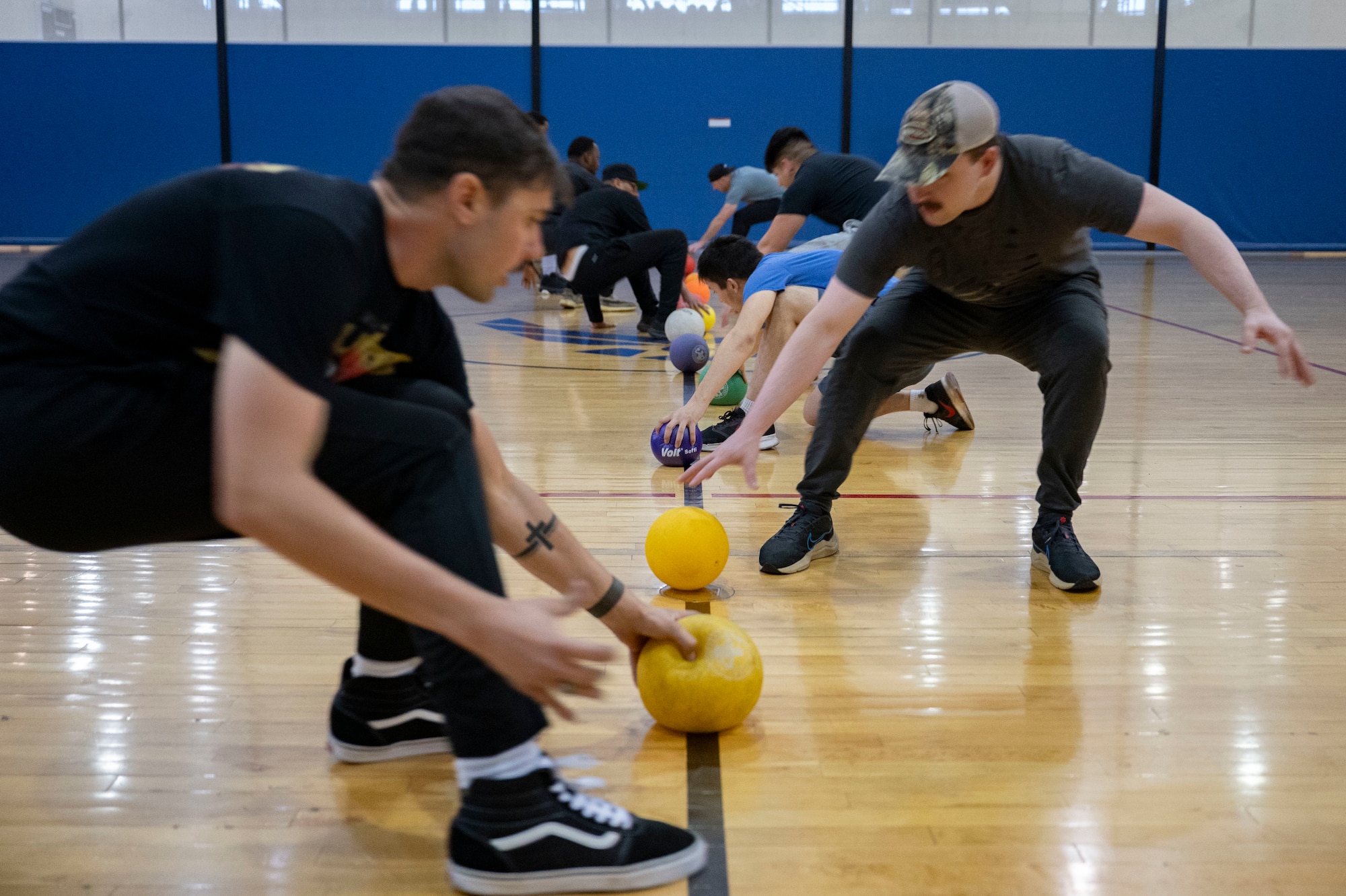 U.S. Air Force Airmen assigned to the 757th Aircraft Maintenance Squadron play dodgeball at Nellis Air Force Base, Nevada, March 28, 2024.